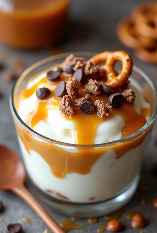Salted caramel pretzel bowl topped with vanilla yogurt, caramel drizzle, and chocolate chips for a tasty snack.