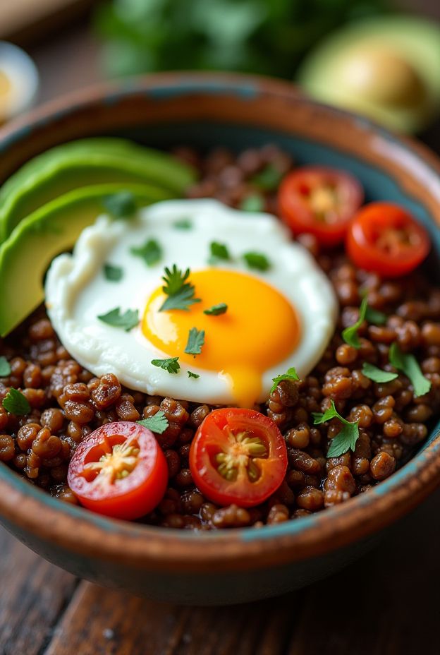 Savory lentil breakfast bowl featuring lentils, poached egg, avocado, and roasted tomatoes for a nutritious meal.