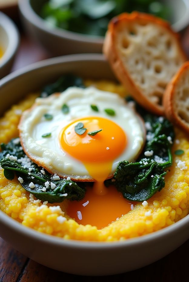 Savory Polenta Egg Bowl topped with a fried egg, spinach, and Parmesan cheese, delicious and healthy breakfast recipe.
