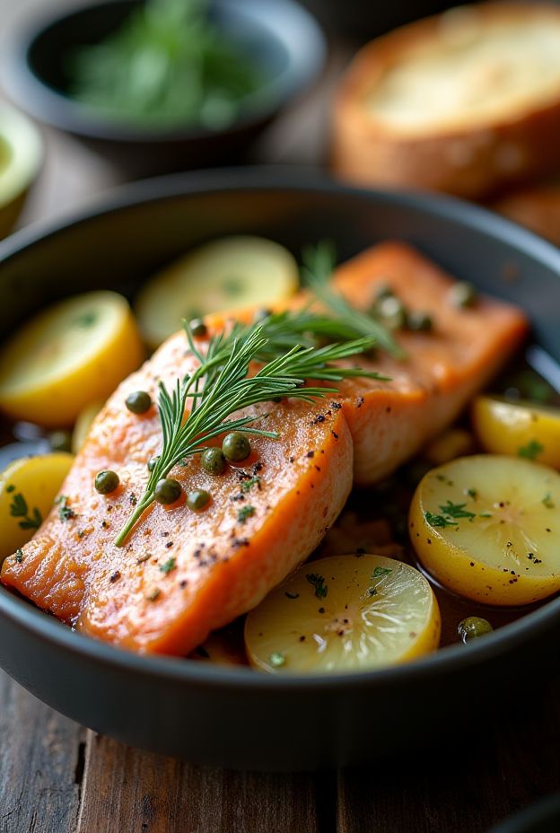 A healthy bowl of smoked trout with new potatoes, dill, capers, and mustard dressing.