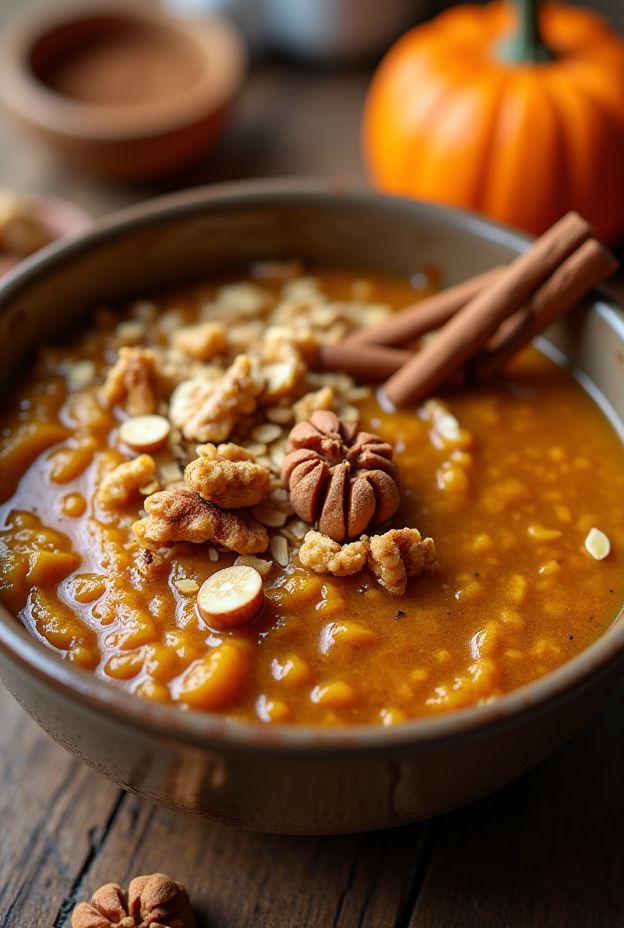 A delicious spiced pumpkin oatmeal bowl featuring rolled oats, pumpkin purée, walnuts, and maple syrup for a healthy breakfast.