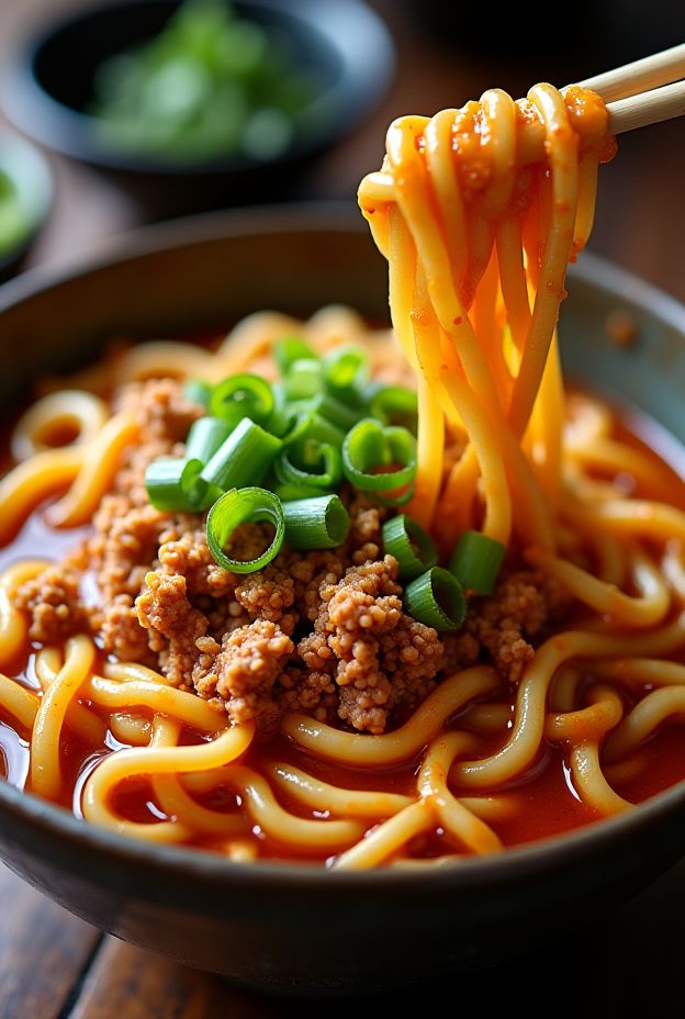 Spicy Garlic Dan Dan Udon Bowl with ground chicken, garlic-peanut sauce, and green onions, a flavorful Asian-inspired meal.