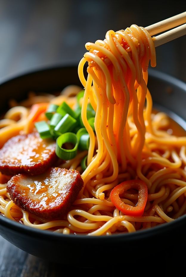 Spicy Kimchi Udon Bowl featuring thick noodles, flavorful pork belly, and vibrant vegetables in a rich sauce.