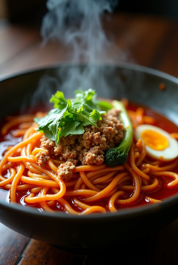 Delicious Szechuan Chili Oil Noodle Bowl with spicy noodles, ground pork, and fresh bok choy.