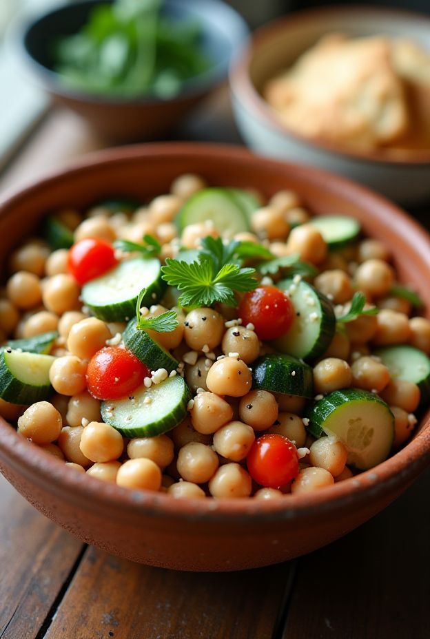 Healthy Tahini Chickpea Salad Bowl filled with chickpeas, cucumber, tomatoes, parsley, and tahini dressing for a nutritious meal.