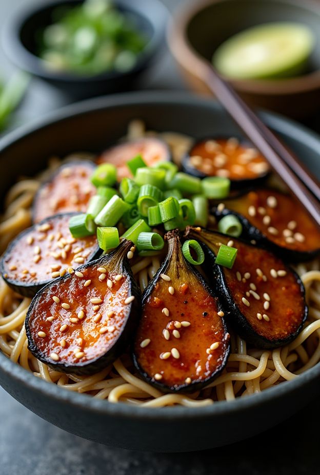 Glazed roasted eggplant atop soba noodles, garnished with sesame seeds and green onions in a savory teriyaki sauce.
