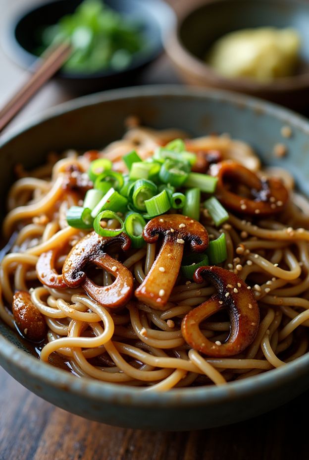 Delicious Teriyaki Mushroom Soba Bowl with shiitake mushrooms, soba noodles, and sesame dressing, topped with green onions.