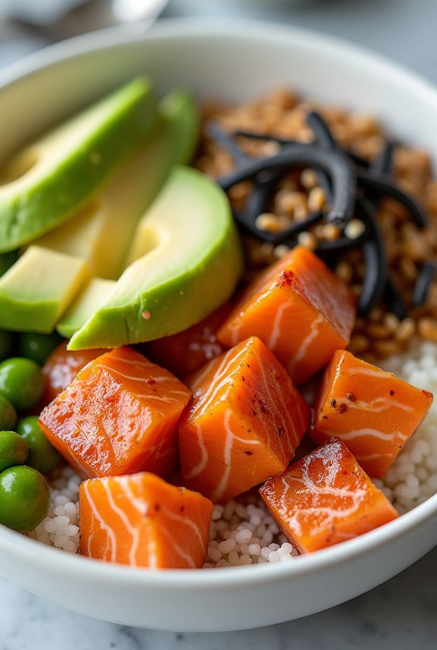 Nutritious Teriyaki Salmon Poke Protein Bowl with seasoned salmon, avocado, edamame, and sesame rice.
