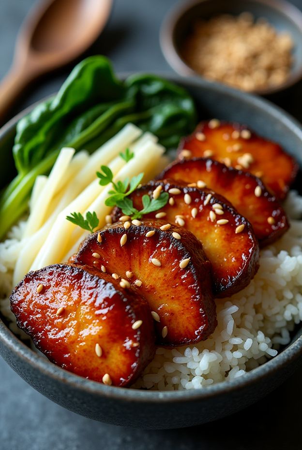 A vibrant Teriyaki Tempeh Rice Bowl featuring marinated tempeh, fluffy rice, bok choy, and sesame seeds.