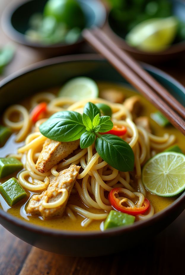 Colorful and healthy Thai Green Curry Noodle Bowl with chicken, rice noodles, and fresh basil garnished with lime.