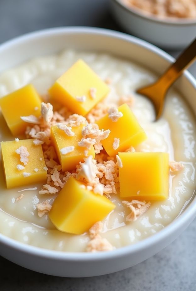 Tropical Coconut Rice Pudding Bowl topped with mango, pineapple, and toasted coconut flakes for a refreshing dessert.