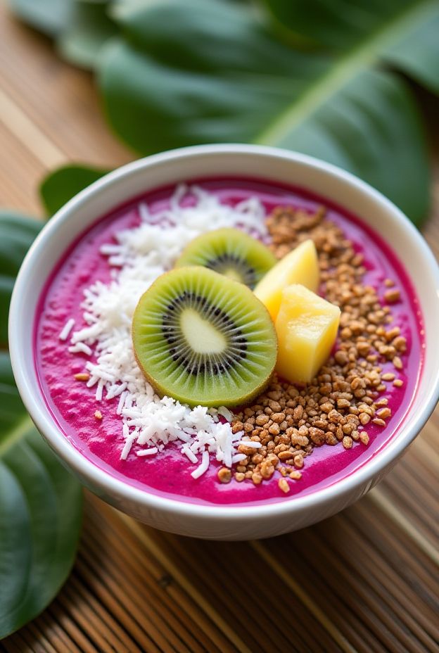 Vibrant Tropical Dragonfruit Bowl with kiwi, pineapple, and coconut, offering a healthy, nutrient-rich smoothie.