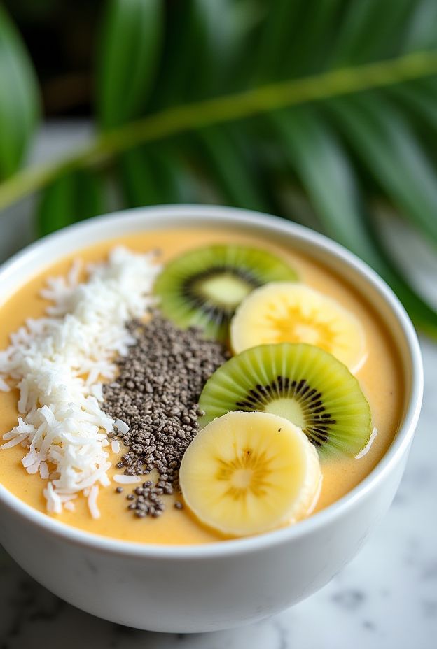 A vibrant Tropical Smoothie Breakfast Bowl featuring pineapple, banana, and passionfruit topped with kiwi and coconut flake.
