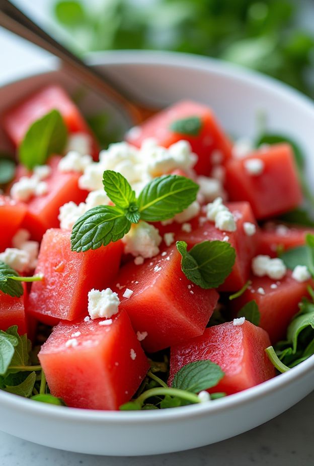 A refreshing Watermelon Feta Mint Salad Bowl with watermelon chunks, feta cheese, mint leaves, and arugula.
