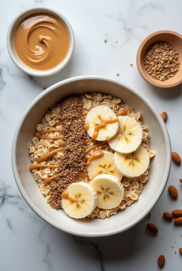 Healthy Almond Butter Banana Breakfast Bowl with Flaxseed and Oats garnished with sliced bananas in a bowl.