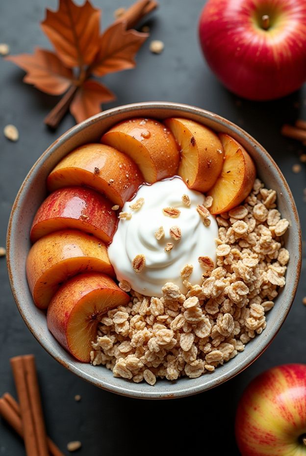 Healthy Apple Cinnamon Protein Breakfast Bowl featuring baked apples, cinnamon oats, and vanilla protein yogurt.