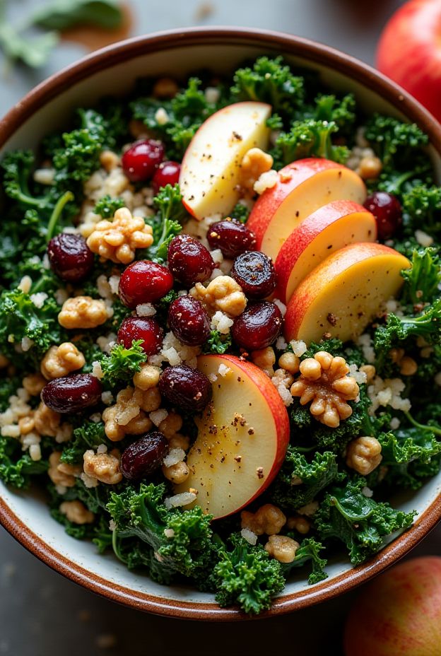 Healthy Apple Cranberry Kale Salad Bowl topped with nuts and Maple Vinaigrette.