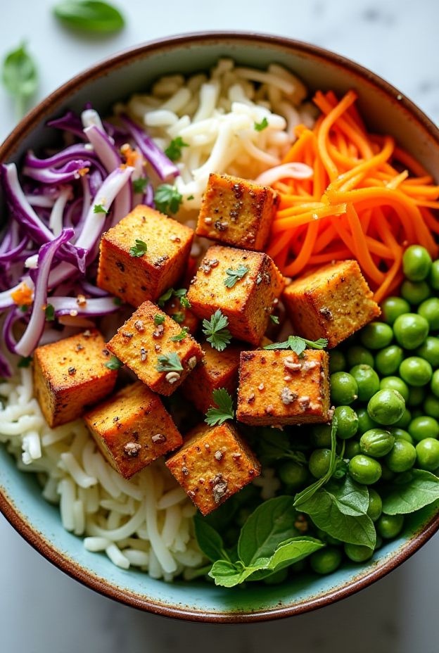 Vibrant Asian Crunch Tofu Salad Bowl with crispy tofu, fresh vegetables, and a savory sesame dressing.