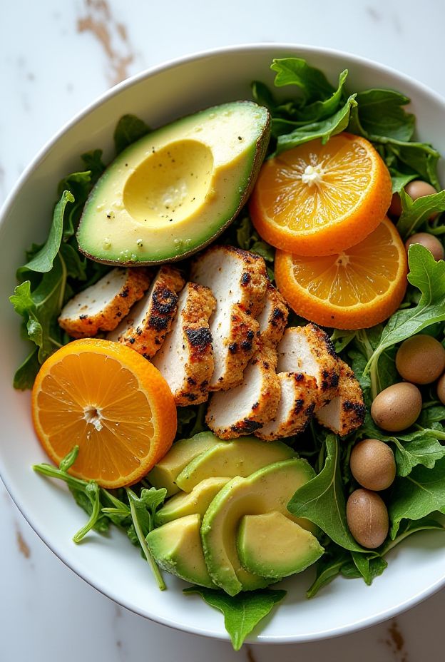 Healthy Avocado Citrus Chicken Salad Bowl featuring grilled chicken, fresh oranges, and creamy avocado on a bed of greens.