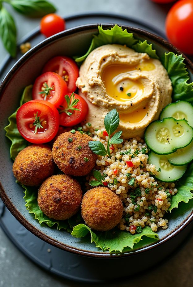 Healthy Baked Falafel Protein Bowl with Quinoa, Hummus and Fresh Vegetables.