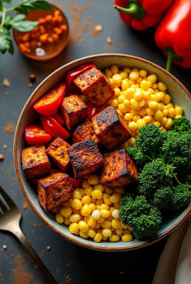 Smoky BBQ Tofu Protein Bowl with roasted vegetables featuring tofu, sweet corn, and colorful peppers for a nutritious meal.