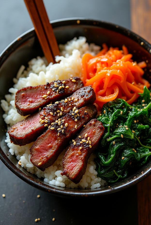 Korean Beef Bulgogi Rice Bowl with Kimchi, featuring marinated beef, steamed rice, and vibrant vegetables.