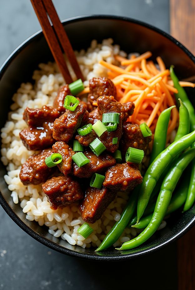 Teriyaki Beef Power Bowl featuring beef, grains, green beans, and carrots for a healthy meal.