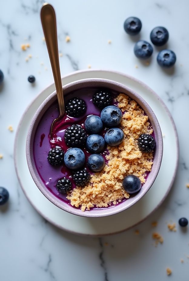 A delicious Blueberry Cheesecake Smoothie Bowl topped with blueberries, blackberries, and graham crumbs on a marble table.
