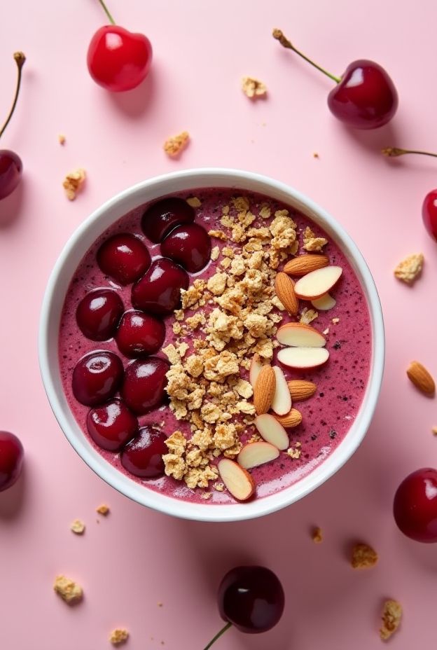 A vibrant Cherry Almond Smoothie Bowl topped with granola, almonds, and fresh cherries on a pink background.