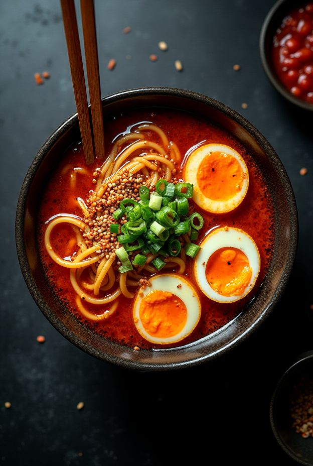 Spicy chili oil ramen bowl topped with soft-boiled eggs and scallions for a flavorful meal.