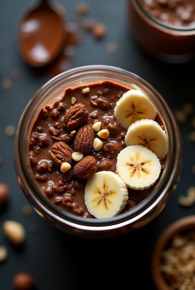 Chocolate Hazelnut Overnight Oats Breakfast Bowl topped with banana slices and nuts for a nutritious breakfast.