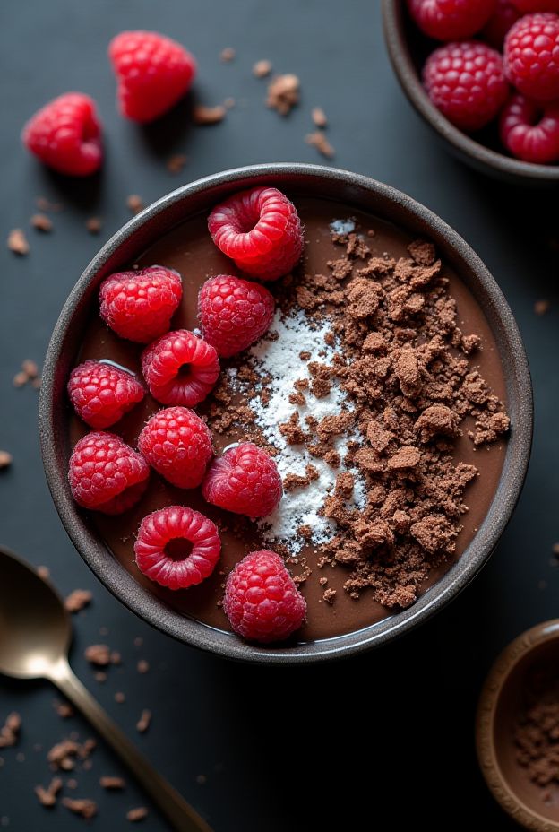 Rich cacao and raspberry smoothie bowl topped with fresh raspberries and dark chocolate shavings.
