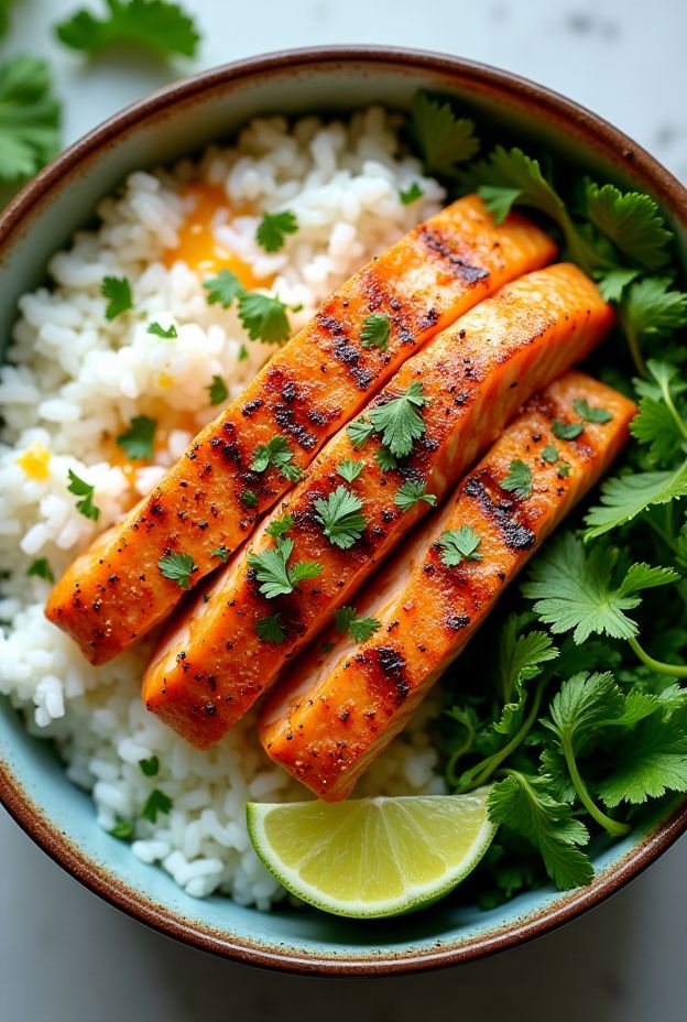 A Coconut Lime Salmon Protein Bowl featuring grilled salmon, coconut-lime sauce, and jasmine rice, garnished with fresh cilantro and lime.