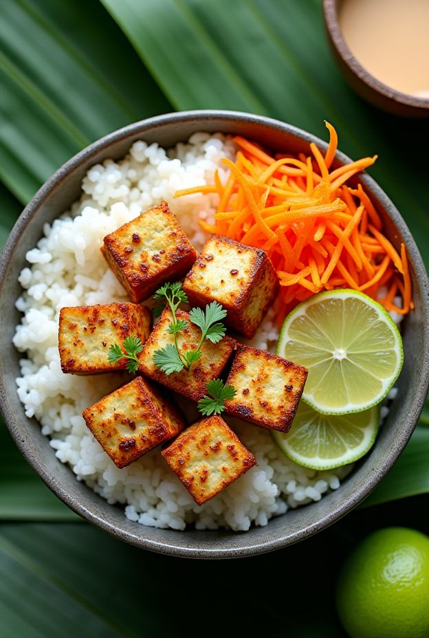 Coconut Lime Tofu Jasmine Rice Nourish Bowl with crispy tofu and fresh garnishes.