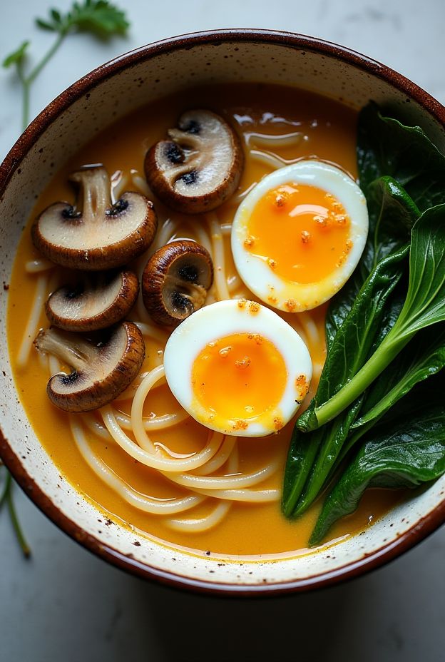 Creamy Coconut Curry Ramen Bowl with mushrooms, bok choy, and soft-boiled eggs served in a rustic bowl.