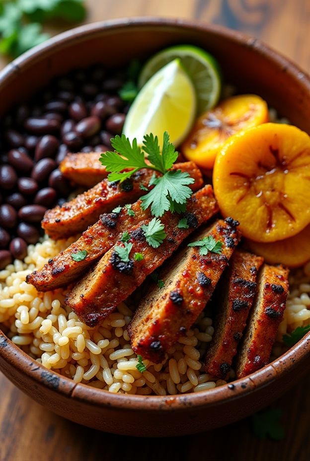 Cuban Mojo Pork and Brown Rice Power Bowl with black beans, garnished with lime and orange, offering vibrant flavors.