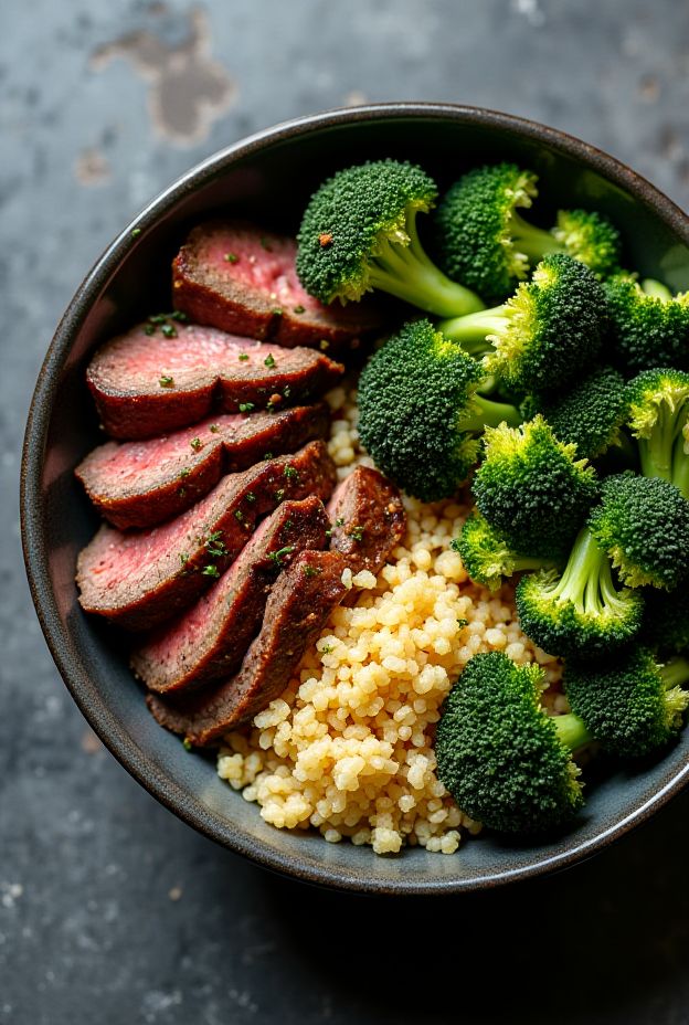 Delicious Garlic Steak and Broccoli Protein Power Bowl with quinoa, perfect for a healthy meal option.