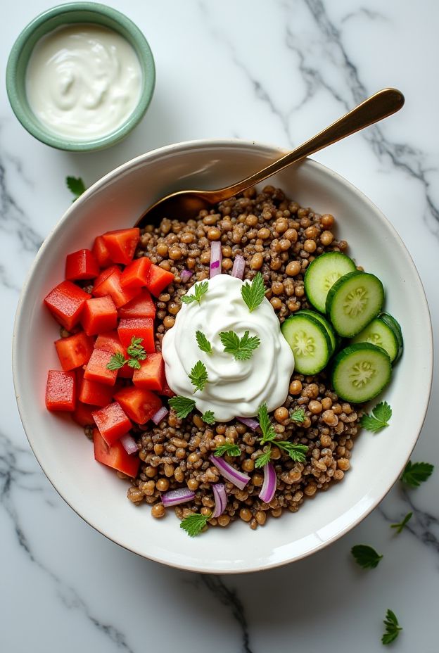 Nutritious Greek Lentil and Rice Bowl with Tomato, Cucumber, and Mint Yogurt Sauce for a wholesome meal.