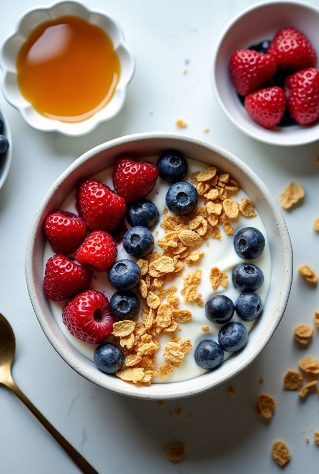 Delicious Greek Yogurt Berry Bliss Breakfast Bowl with yogurt, granola, honey, and fresh berries.