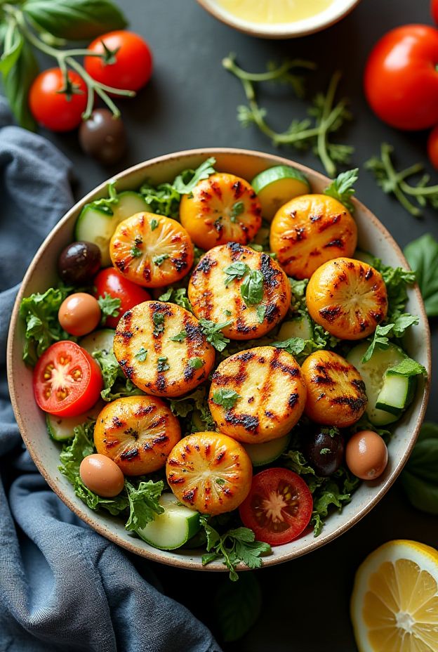 A vibrant Grilled Halloumi Mediterranean Salad Bowl with lemon dressing, featuring grilled halloumi, fresh veggies, and olives.