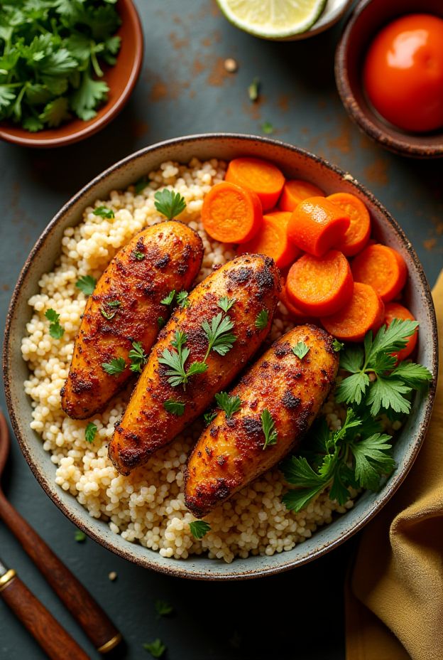 Harissa Chicken Protein Bowl with roasted carrots and couscous, offering a nutritious meal full of flavor.
