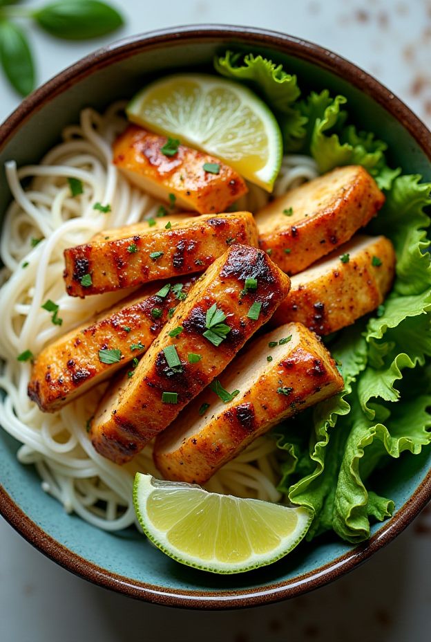 Honey Lime Chicken Vermicelli Noodle Salad Bowl featuring zesty chicken, vermicelli noodles, and vibrant veggies.