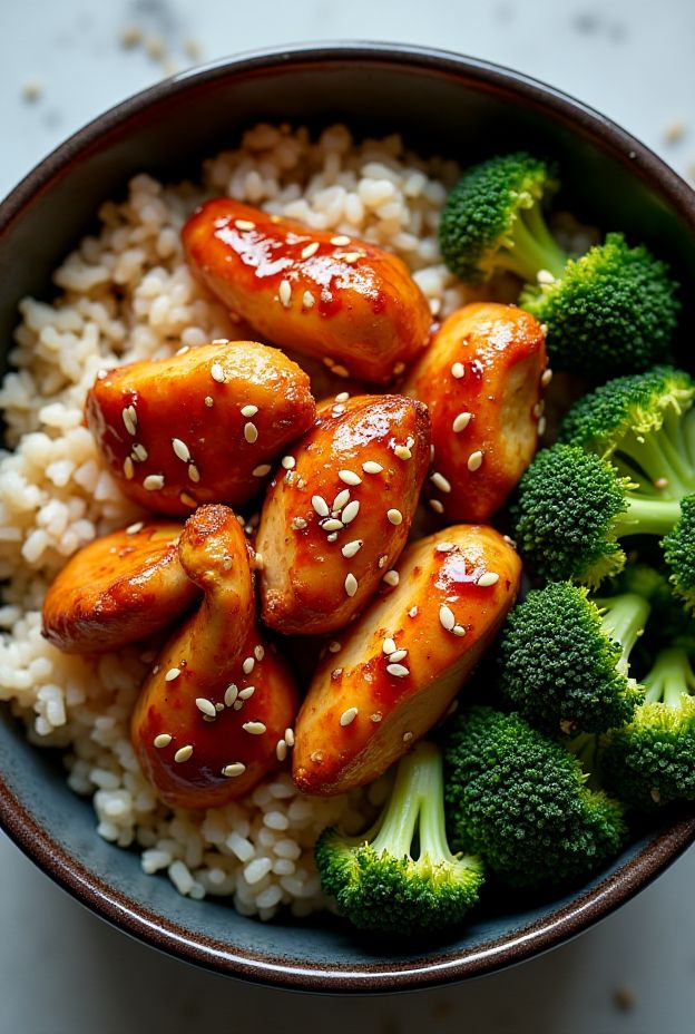 Honey Sriracha Chicken Protein Bowl with broccoli and brown rice, topped with sesame seeds.