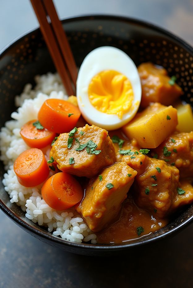 Japanese Curry Chicken Rice Bowl with Soft-Boiled Egg featuring chicken, carrots, potatoes, and rice in a dark bowl.