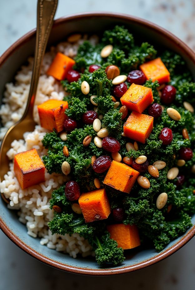 A vibrant Kale and Sweet Potato Wild Rice Bowl filled with roasted sweet potatoes, kale, cranberries, and pine nuts.