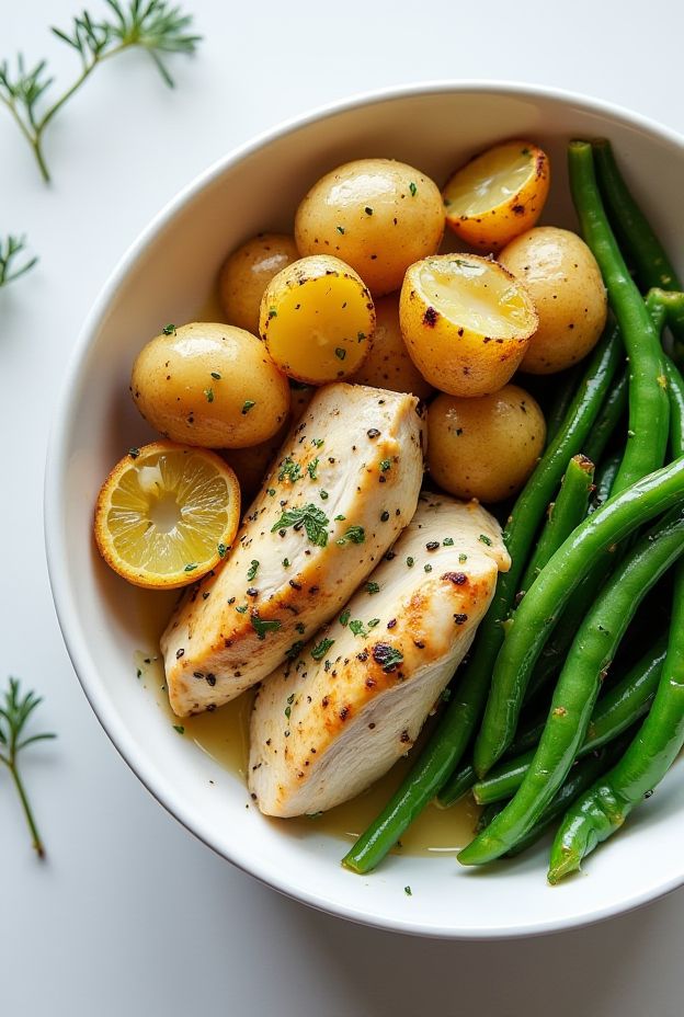 A nutritious Lemon Dill Chicken Protein Bowl with yogurt sauce, featuring grilled chicken, green beans, and baby potatoes.