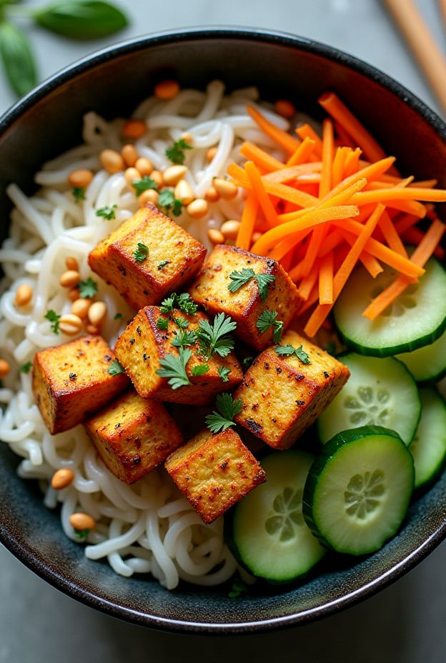A vibrant Lemongrass Tofu Rice Noodle Bowl featuring colorful veggies and crunchy toppings.