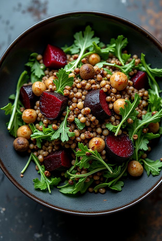 Vibrant Lentil Beet Arugula Salad Bowl topped with balsamic glaze, showcasing earthy roasted beets, lentils, and fresh greens.
