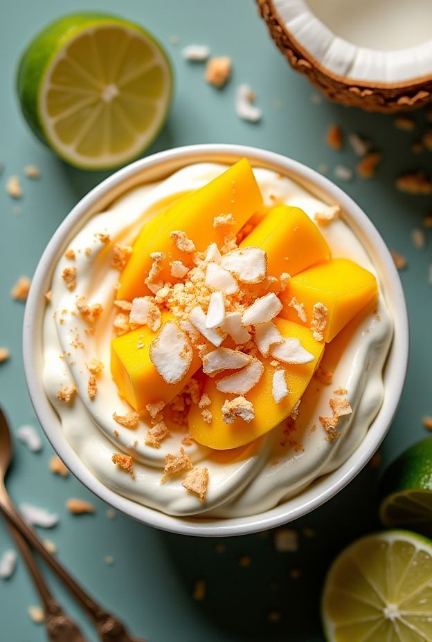 Refreshing Mango Coconut Cream Dessert Bowl topped with toasted coconut chips, a perfect summer treat.