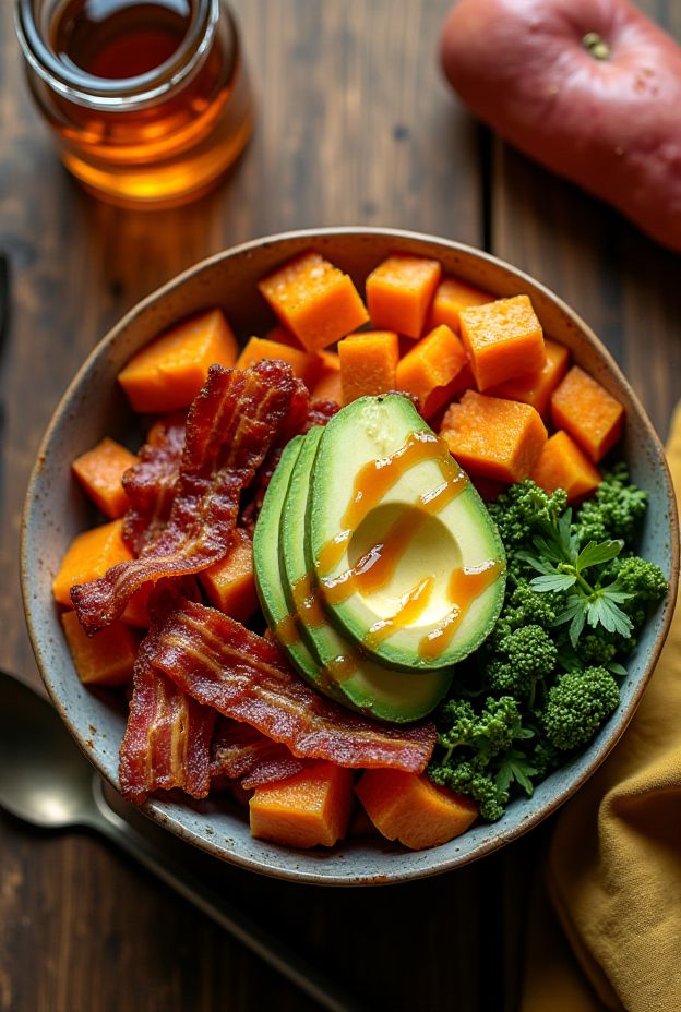 Maple Bacon Sweet Potato Breakfast Bowl featuring roasted sweet potatoes, crispy bacon, and fresh avocado with maple drizzle.